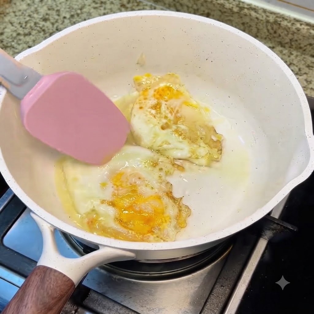 약불에서 계란과 함께 하얀 냄비 안에서 익어가고 있는 맛술에 재운 새우의 모습.