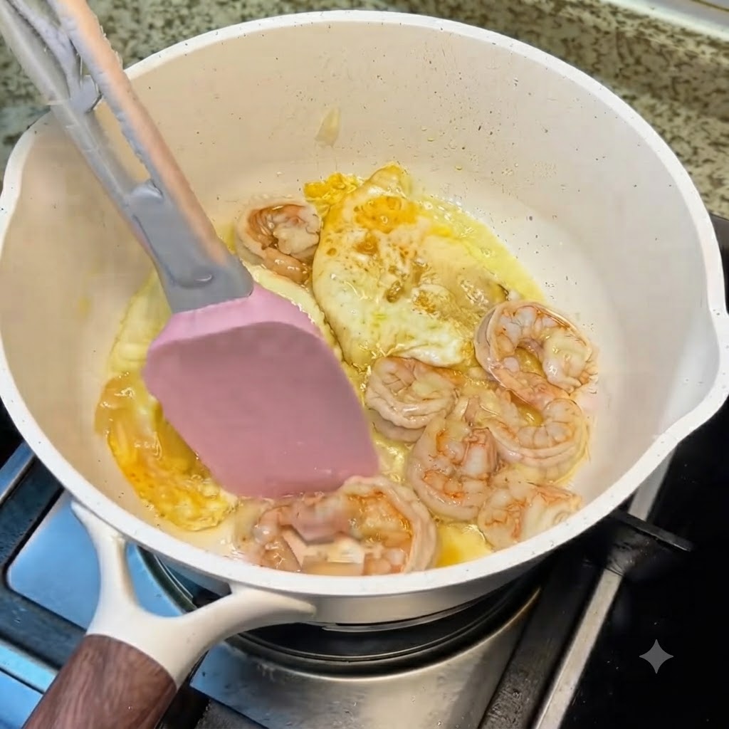 계란과 새우가 들어 있는 하얀 냄비에 손질된 다양한 버섯들을 함께 넣는 모습.