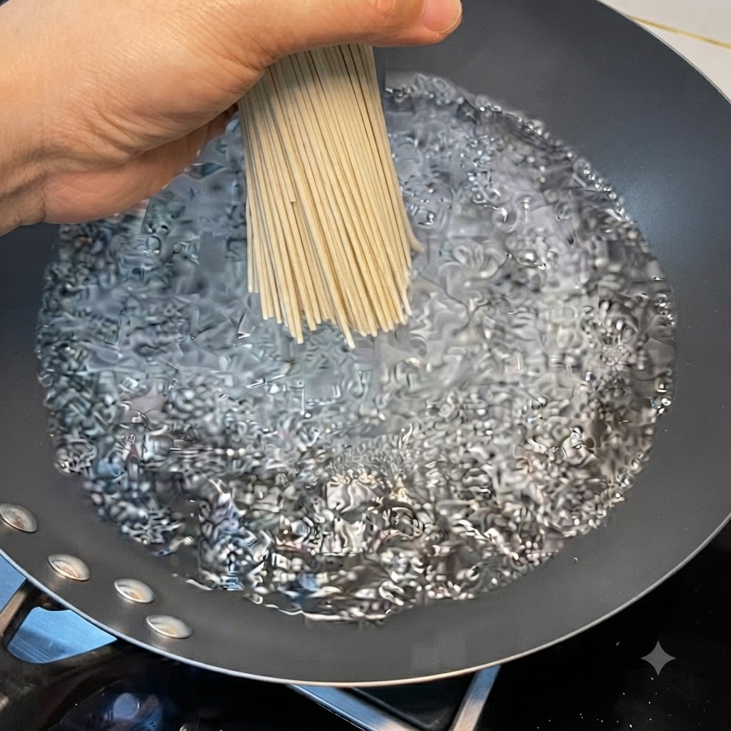 별도의 끓는 물이 담긴 냄비에 마른면 한 묶음이 들어가고 있는 모습.