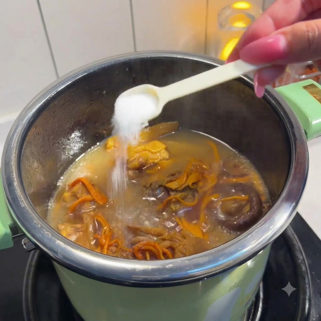 끓고 있는 닭고기 버섯 수프에 하얀 작은 스푼으로 소금을 넣는 모습.