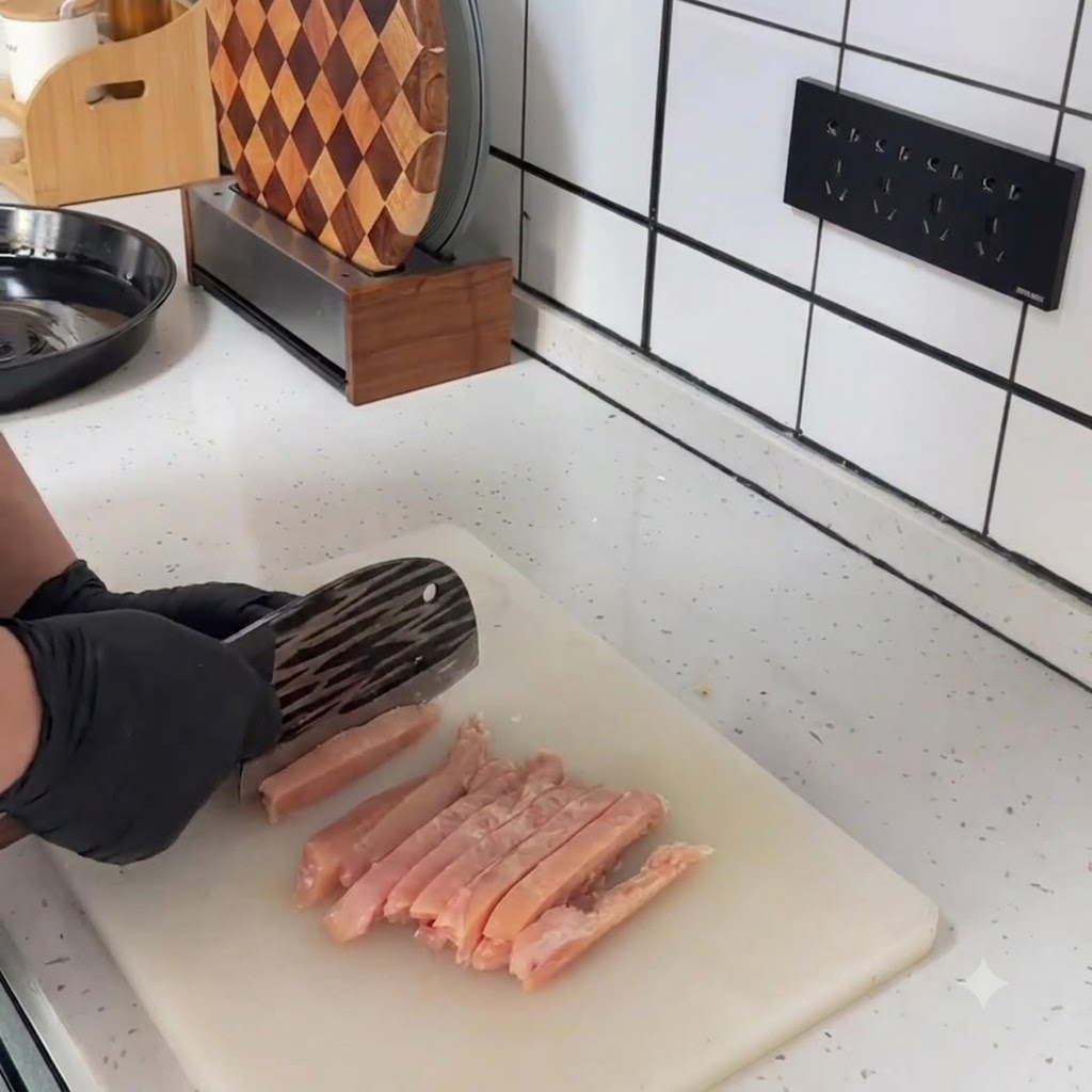 칼 옆에 흰색 도마 위임 깔끔하게 배열된 작고 신선한 생닭고기 큐브들의 클로즈업.