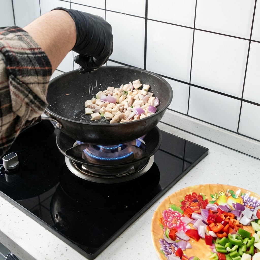 버너 아래에서 타오르는 불길과 함께 웍 안에서 양파 조각들과 함께 볶아지고 있는 닭고기.