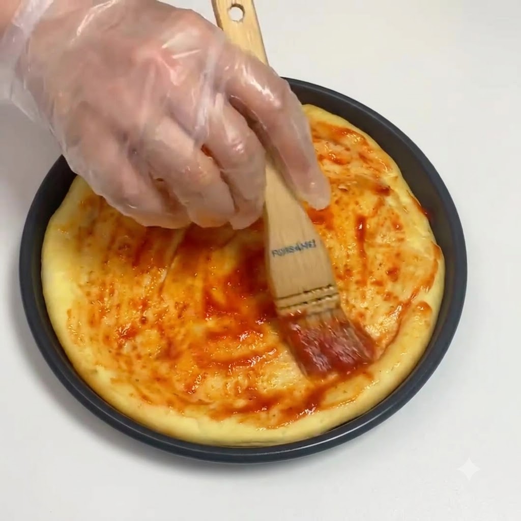 장갑을 낀 손이 나무 패스트리 브러시를 이용해 둥근 피자 도우 표면에 토마토 소스를 골고루 펴 바르는 모습.