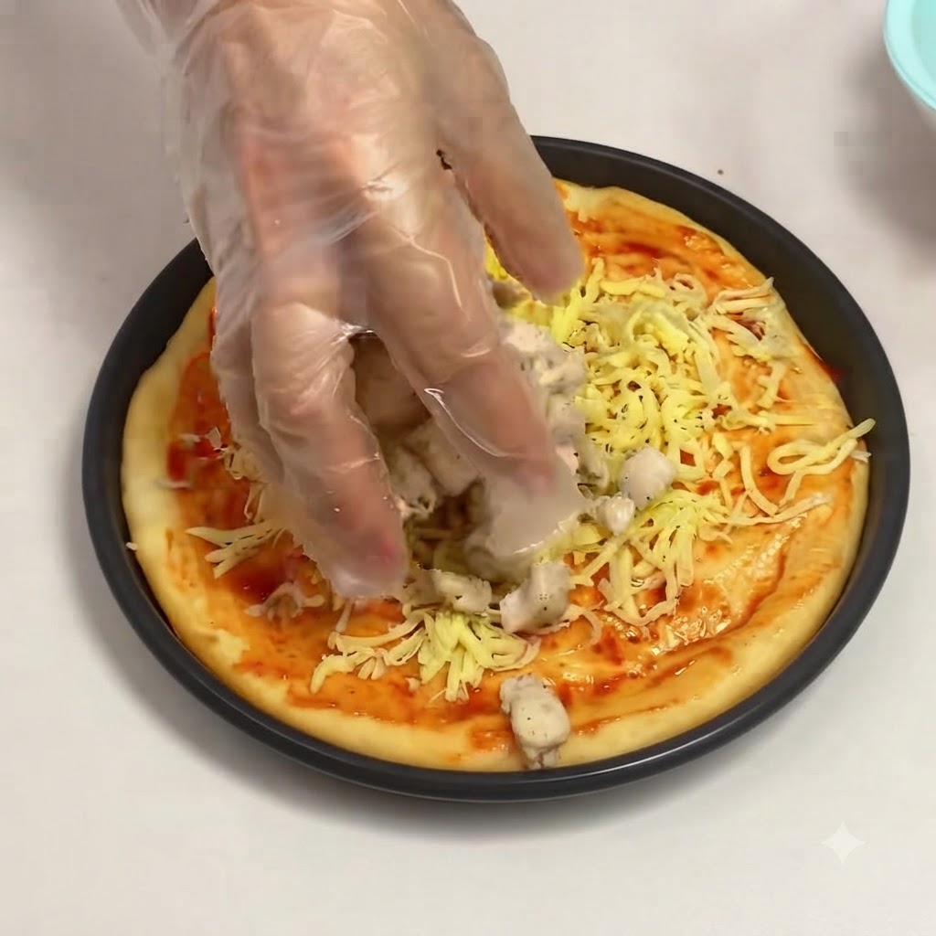 장갑을 낀 손이 피자 도우의 치즈 층 위에 팬에 구운 닭가슴살 조각들을 올리는 모습.