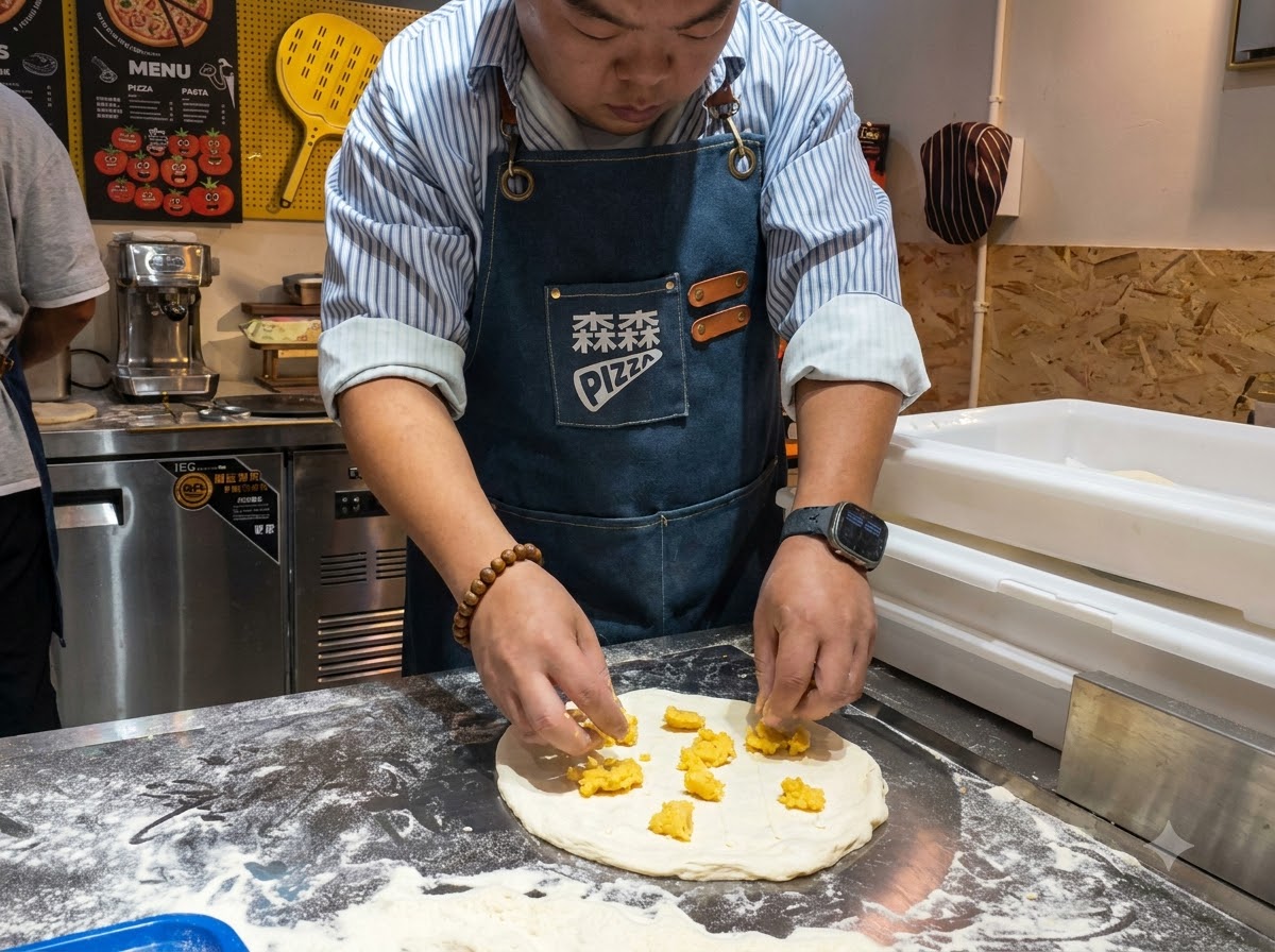 소스가 발린 피자 베이스 위에 황금빛 프라이드 치킨 조각들을 손으로 배열하는 모습.
