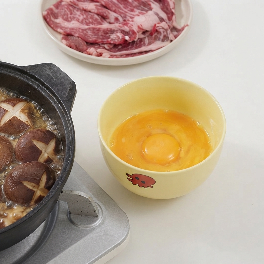 버섯이 끓고 있는 냄비 옆 노란색 그릇 안에서 젓가락으로 저어지고 있는 깨진 날계란.