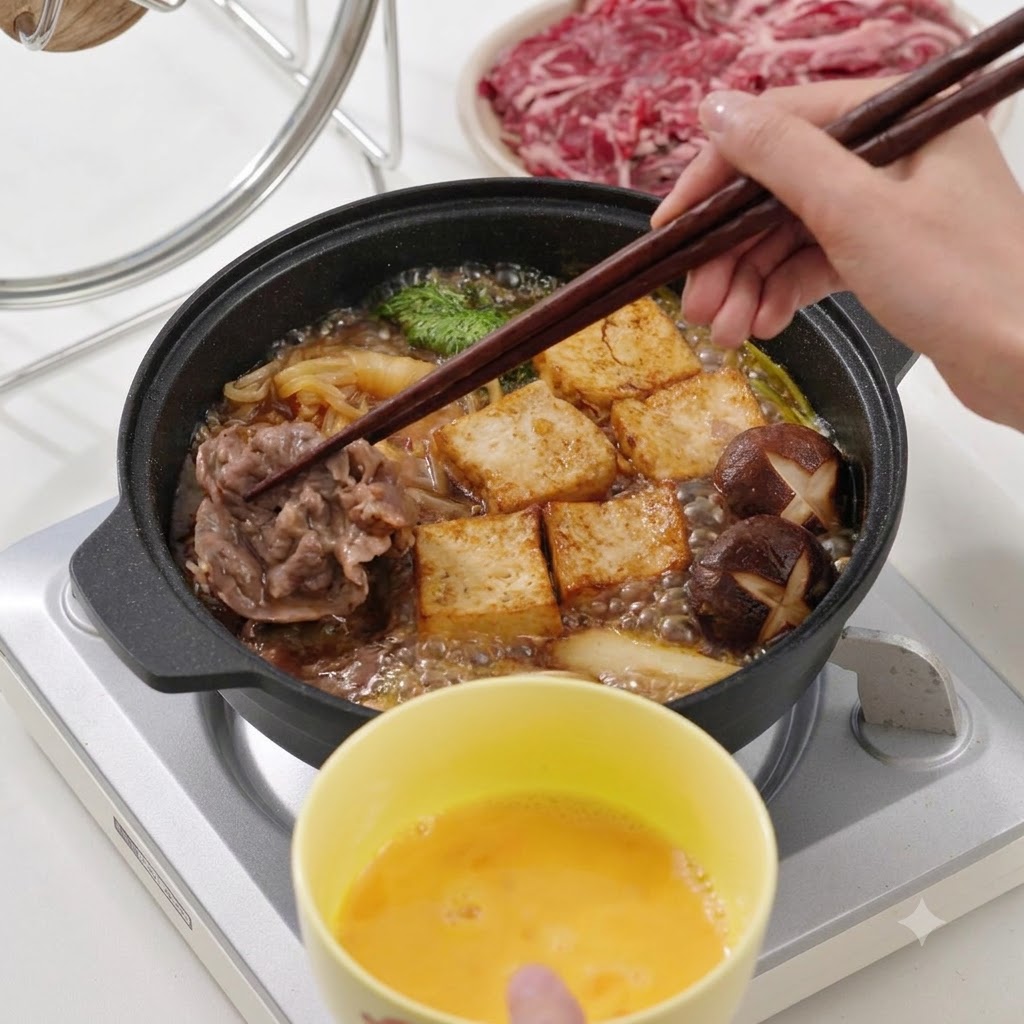 두부와 버섯이 보글보글 끓는 냄비 위로 젓가락이 잘 익은 소고기 한 점을 집어 들고 있고 아래에는 풀어둔 계란 그릇이 있는 모습.