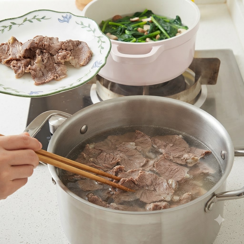 장식용 접시 위에 젓가락으로 뜨거운 물에서 건져낸 익은 소고기 슬라이스를 올리는 모습.