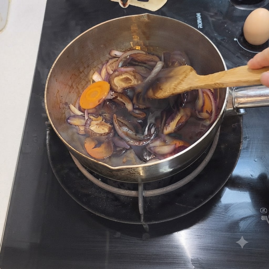조리 중인 냄비 안에서 끓어오르는 채소 위로 진간장이 부어지고 있습니다.