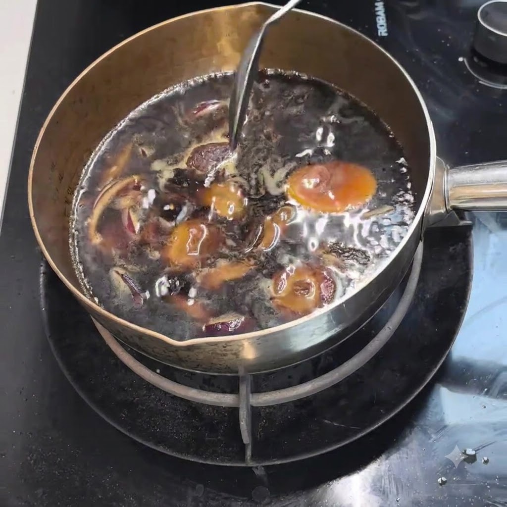 냄비 속 진한 육수 안에서 사과 조각과 어두운 색의 해초가 끓고 있습니다.