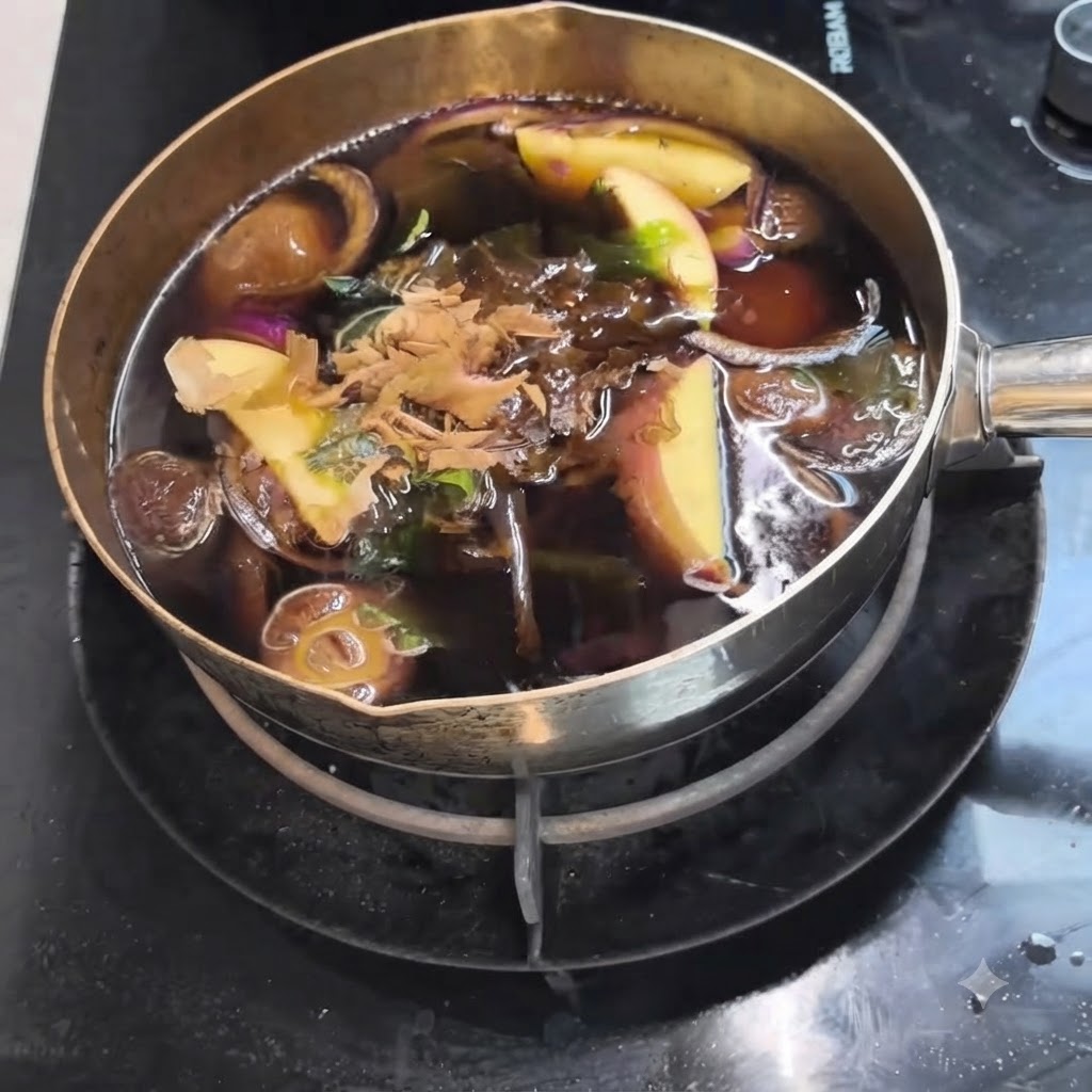 사과와 버섯이 들어 있는 끓는 육수 표면에 가쓰오부시가 떨어지고 있습니다.