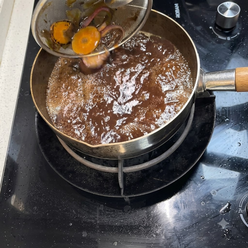 채망이 삶은 야채 조각들을 걸러내는 동안 진한 스키야키 소스가 냄비로 부어지고 있습니다.