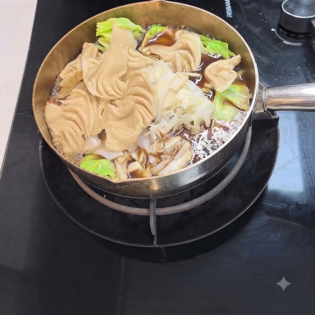 진한 스키야키 육수 냄비 안에서 우동 면과 신선한 잎채소들이 끓고 있습니다.