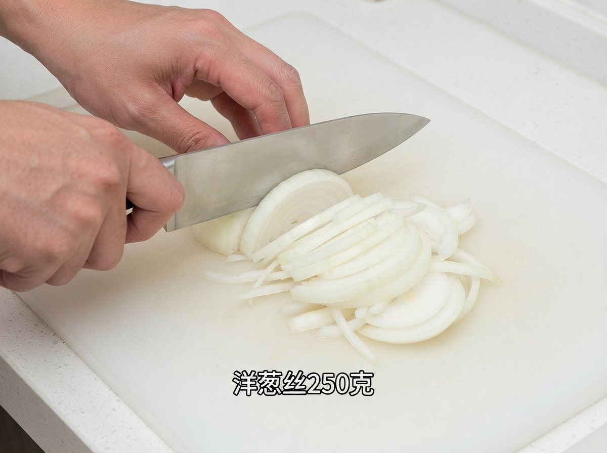 전문 요리사용 칼을 사용하여 흰 도마 위에서 양파를 얇은 스트립 형태로 썰고 있는 모습.