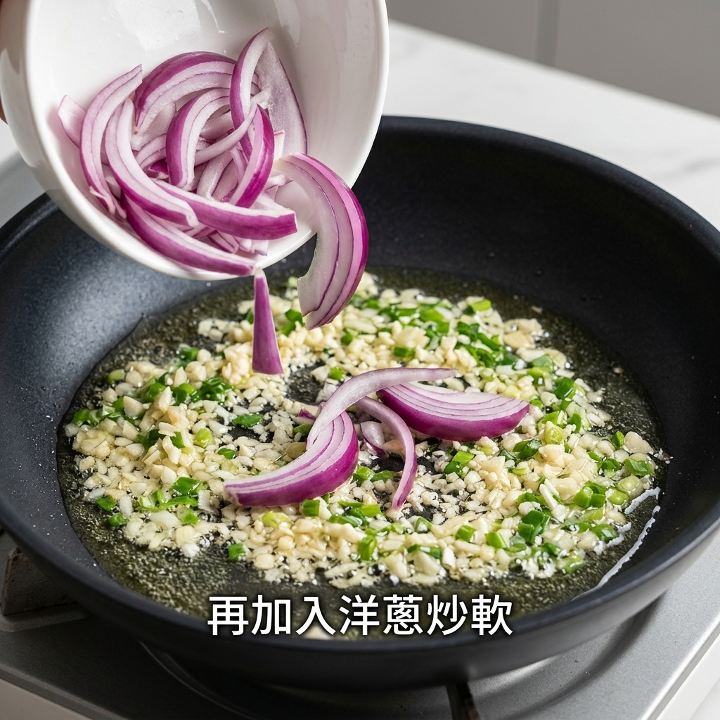 마늘과 파가 볶아지고 있는 팬에 그릇에서 썬 적양파가 쏟아지고 있는 모습.