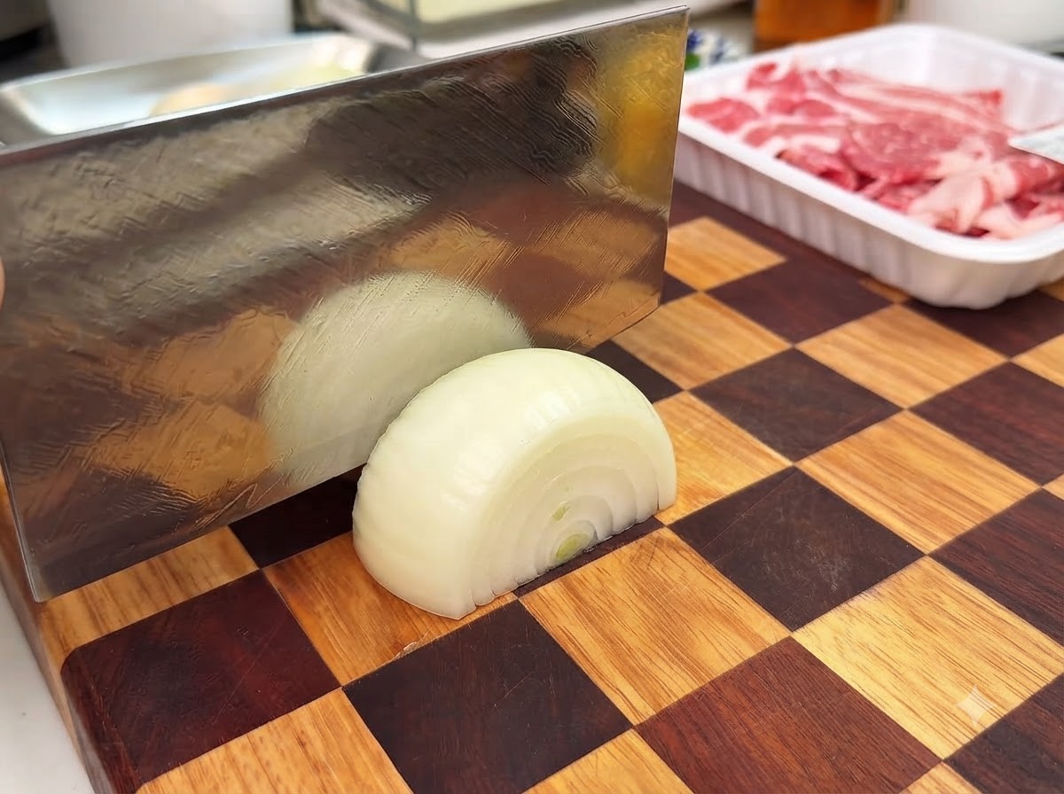 체크무늬 나무 도마 위에서 식칼로 반으로 갈린 양파를 두껍게 썰어내는 모습.