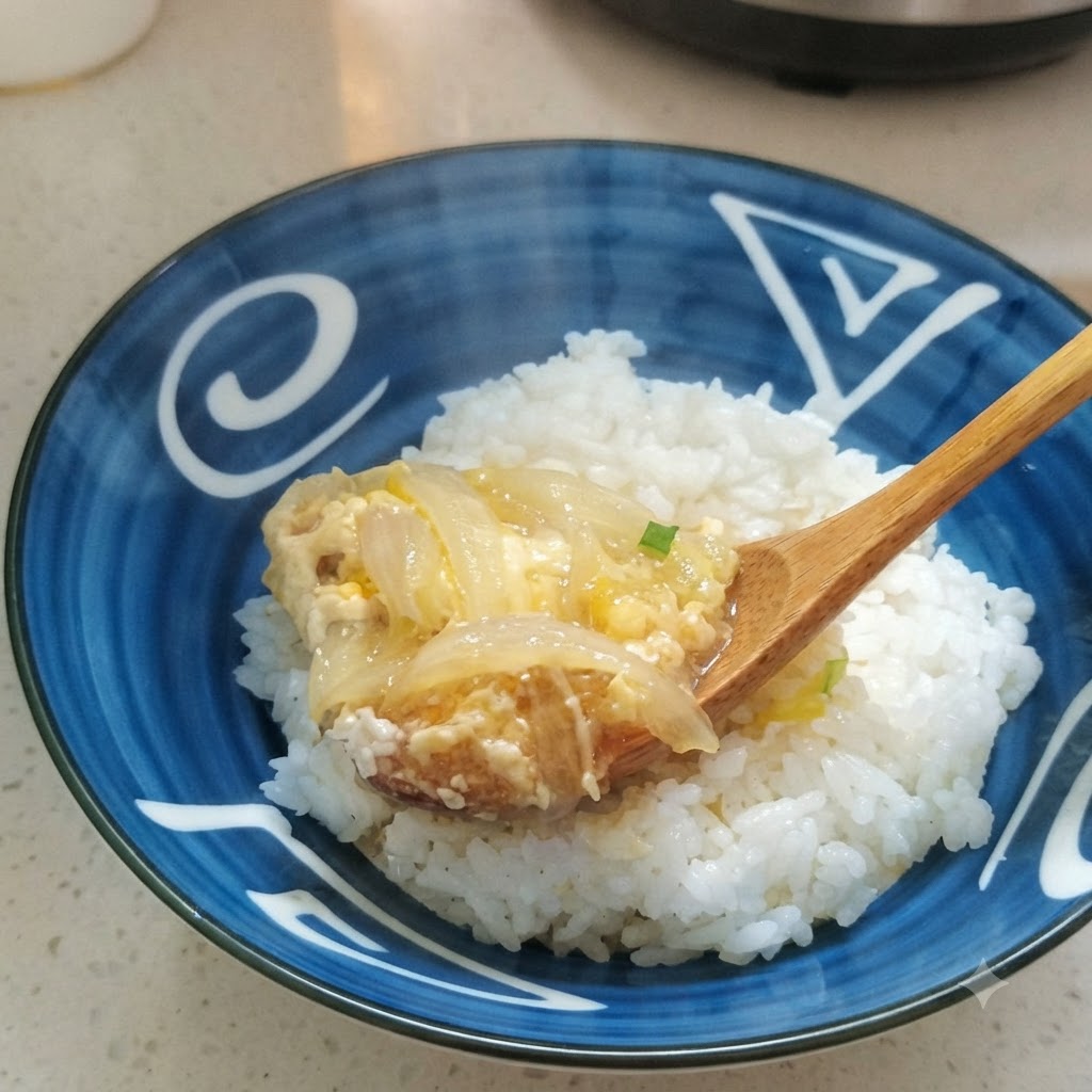 조리된 닭고기, 달걀, 양파 혼합물을 밥그릇 위로 담아내는 모습.