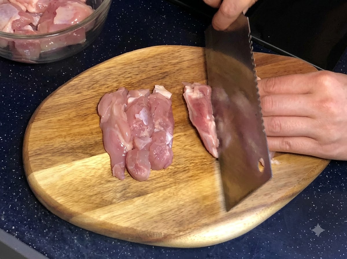 나무 도마 위에서 식칼을 사용해 생 닭다리살을 조각으로 썰고 있는 손.