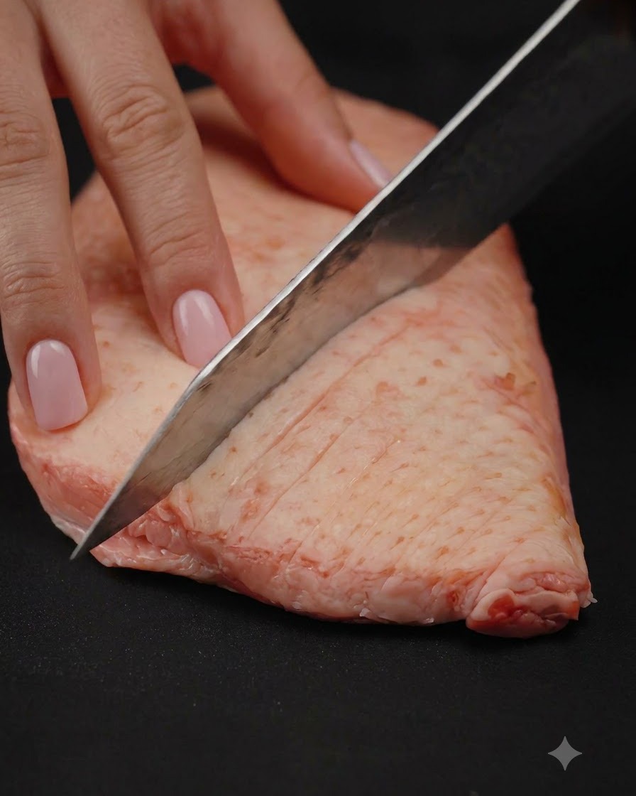 날카로운 셰프 나이프로 생오리 가슴살의 두꺼운 지방층에 다이아몬드 패턴으로 칼집을 내는 클로즈업 샷.