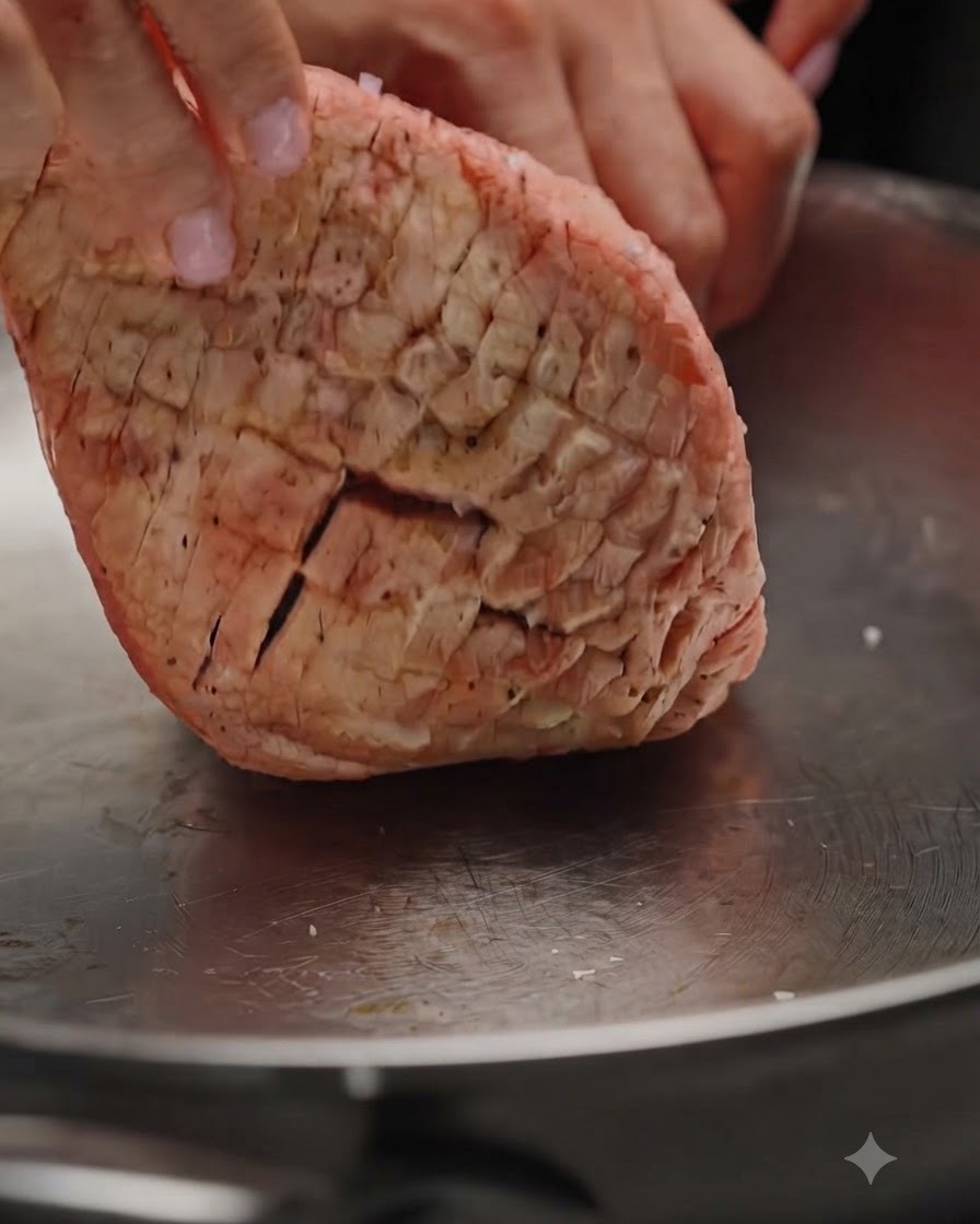 칼집을 낸 오리 가슴살을 기름을 두르지 않은 차가운 스테인리스 팬에 껍질이 아래로 향하게 올리는 모습.