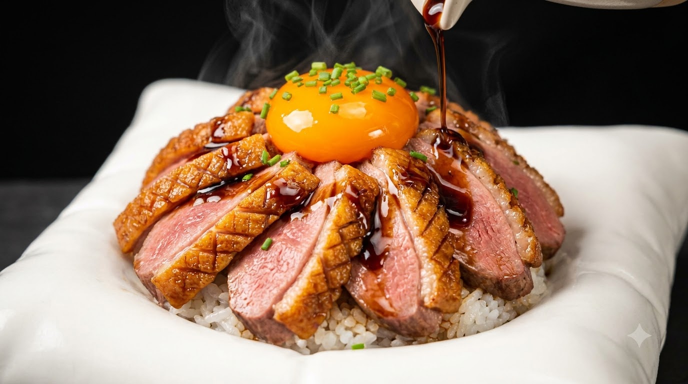 일식 바삭한 오리 덮밥과 간장 절임 노른자