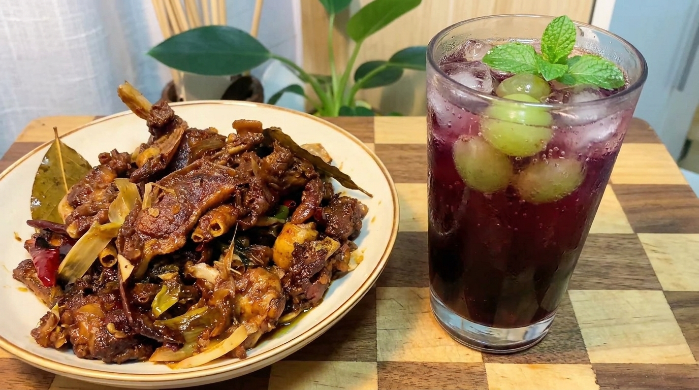 간장 맥주 오리고기와 톡 쏘는 청포도 스파클링 음료