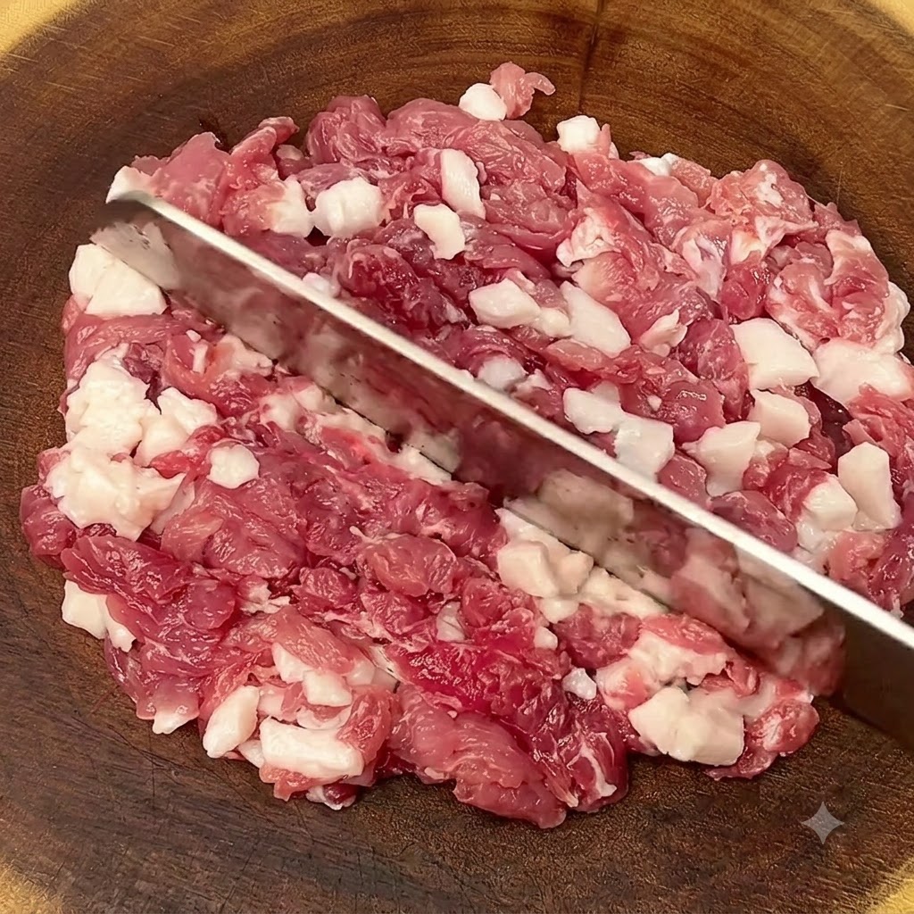 큰 칼을 이용해 나무 도마 위에서 생돼지고기 등심을 잘게 다지는 모습.