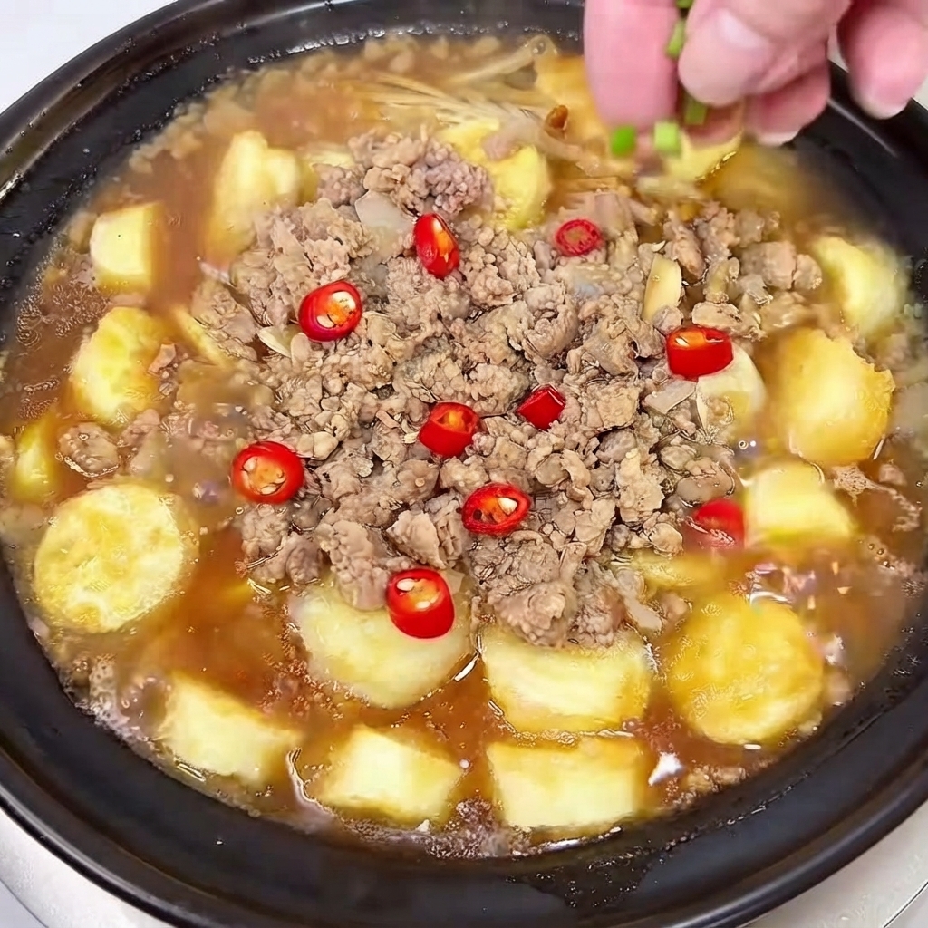 완성된 뚝배기 요리 위에 손으로 다진 대파와 붉은 고추 조각을 솔솔 뿌려주는 모습.