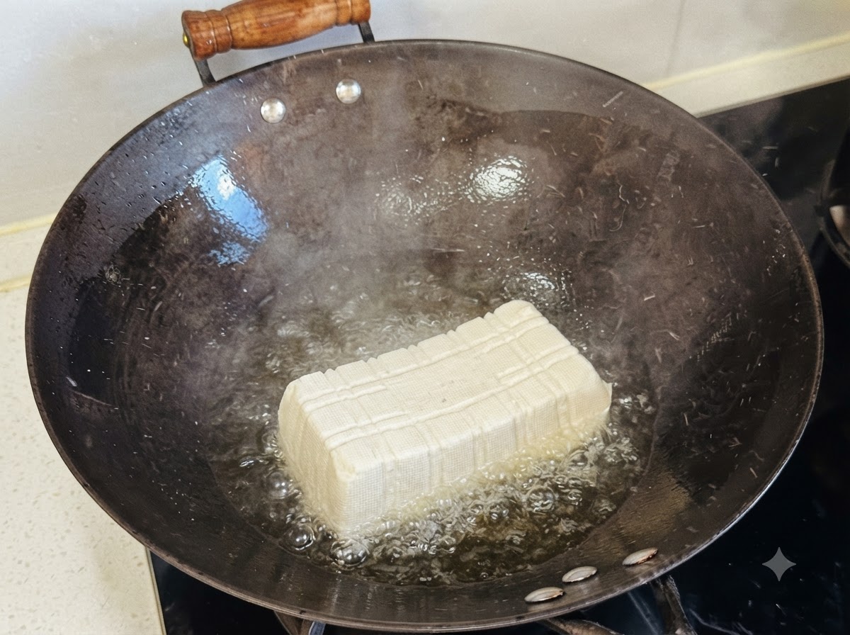 기름이 둘러진 뜨거운 검은색 웍 안에 통째로 담긴 사각형 연두부의 모습.