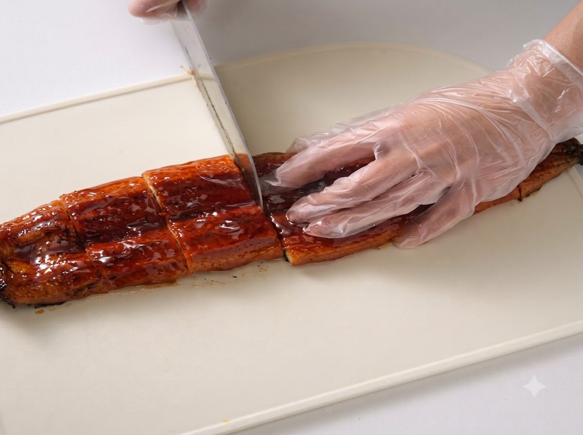 하얀 도마 위에서 날카로운 칼로 구운 장어를 일정한 크기로 썰고 있는 클로즈업 샷.