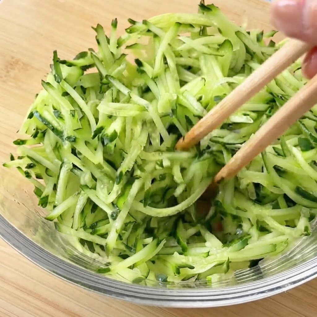 볼 위에 올려진 체반에 참치 통조림 건더기를 부어 액체를 걸러내고 있는 모습.