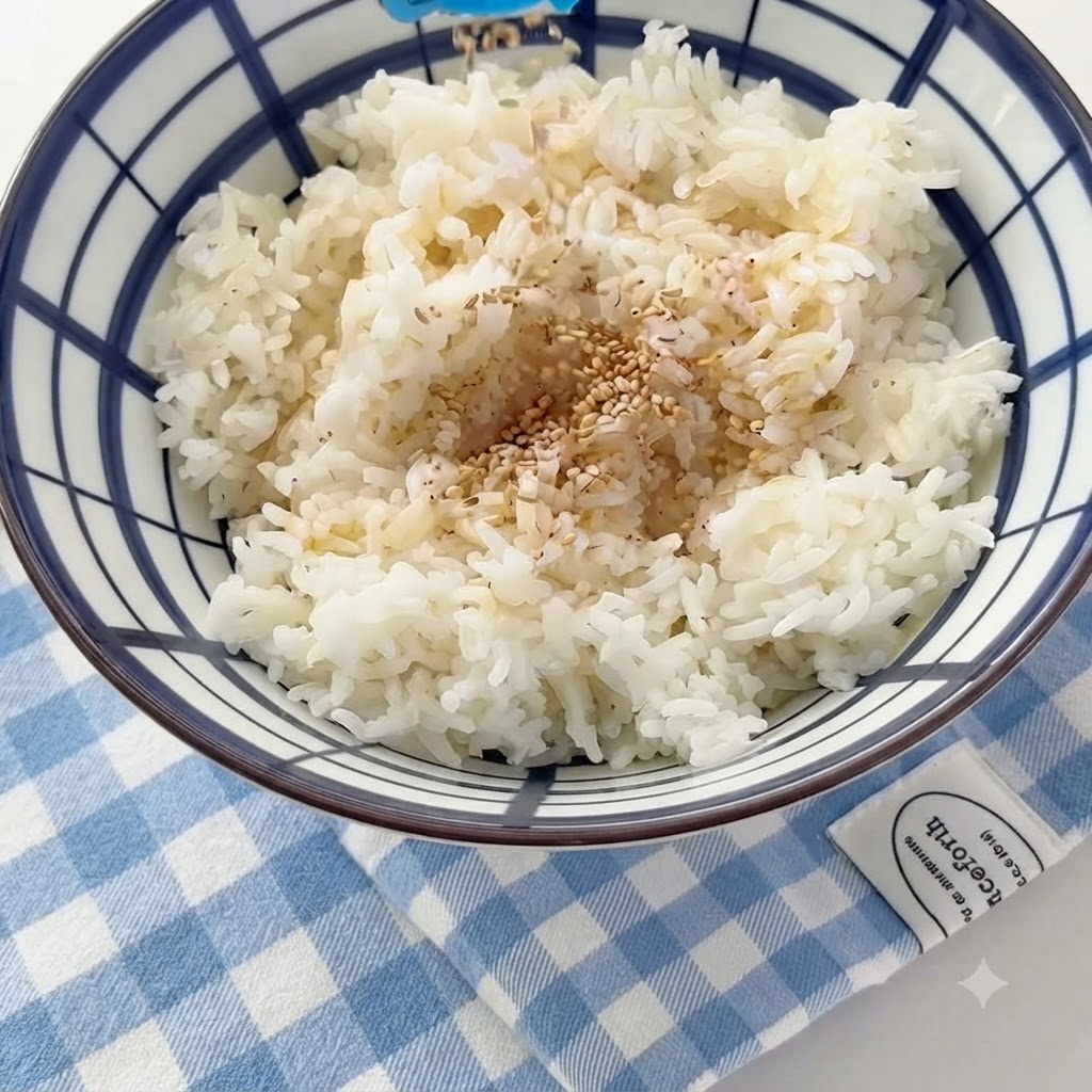 참기름이 뿌려진 밥 위에 흰참깨를 솔솔 뿌려 넣는 모습.