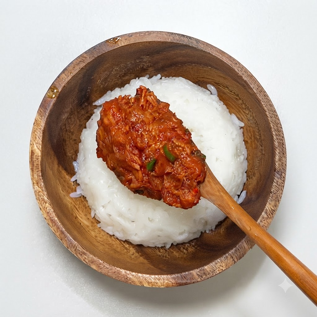 나무 그릇에 담긴 흰쌀밥 위에 숟가락으로 볶은 매운 참치를 올리는 모습.