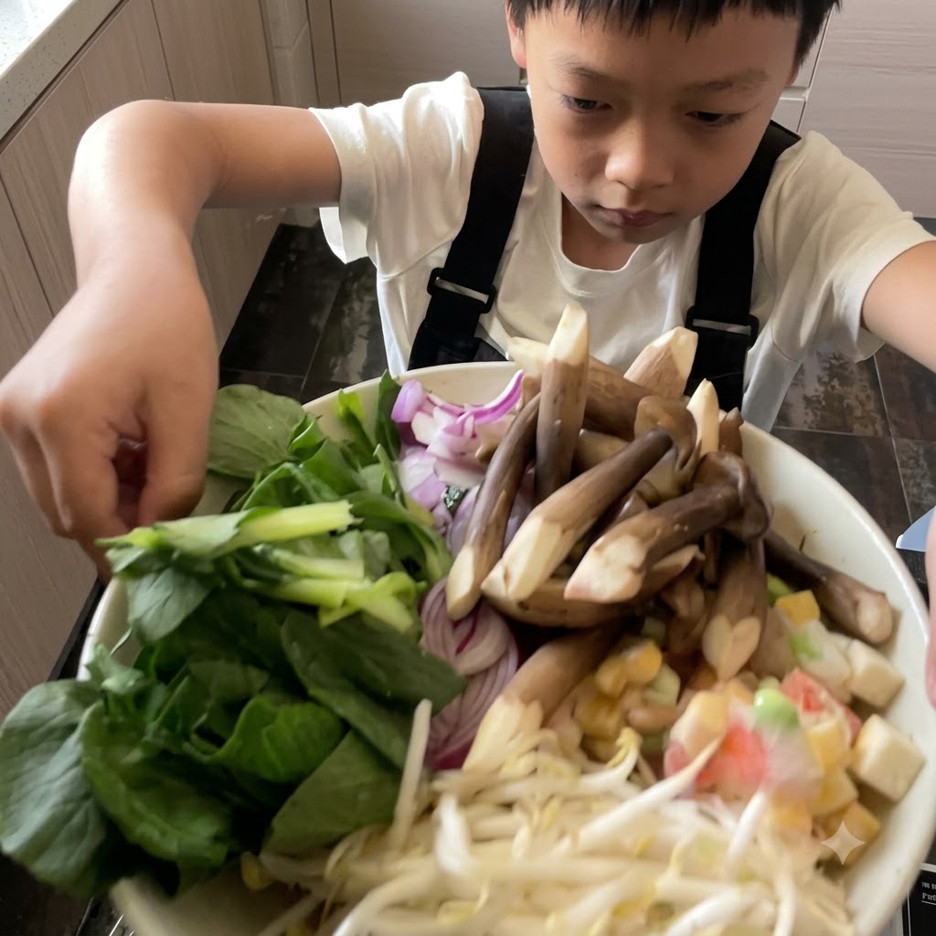 찜기 그릇 안에 조리 전 손질된 채소, 버섯, 양파 슬라이스가 담겨 있는 모습.