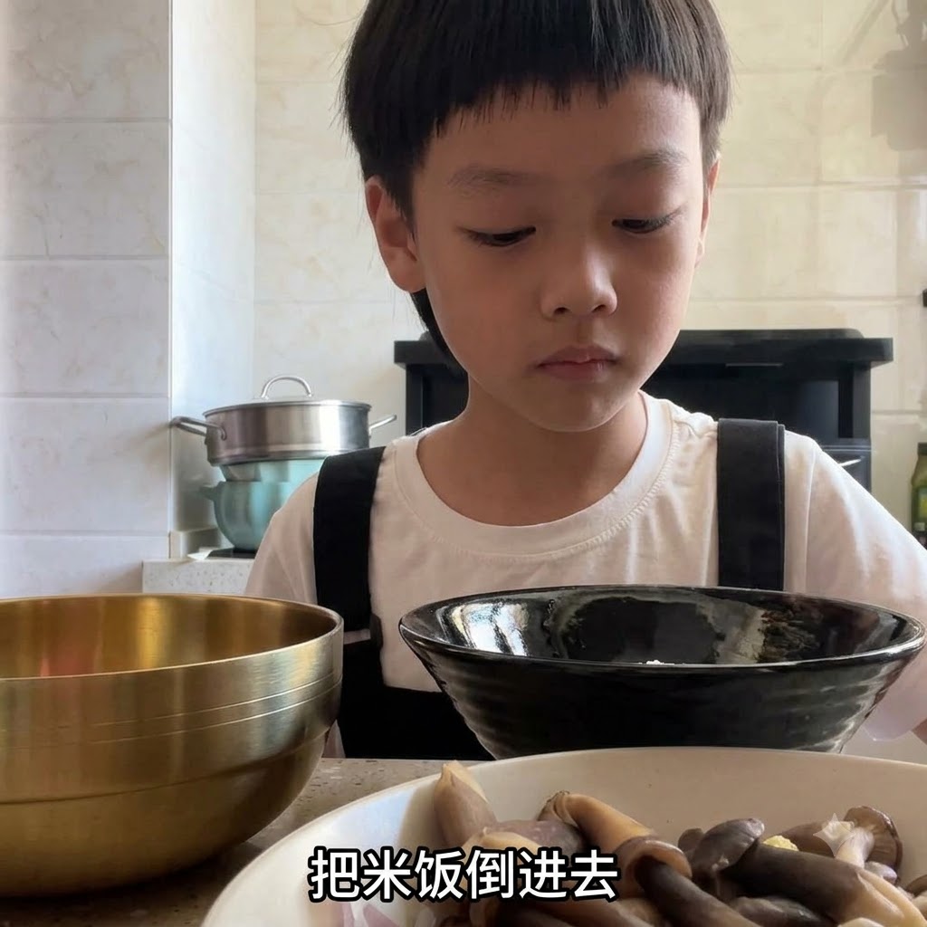 큰 서빙 그릇에 담긴 흰쌀밥 위에 찐 채소들을 차곡차곡 올리는 모습.