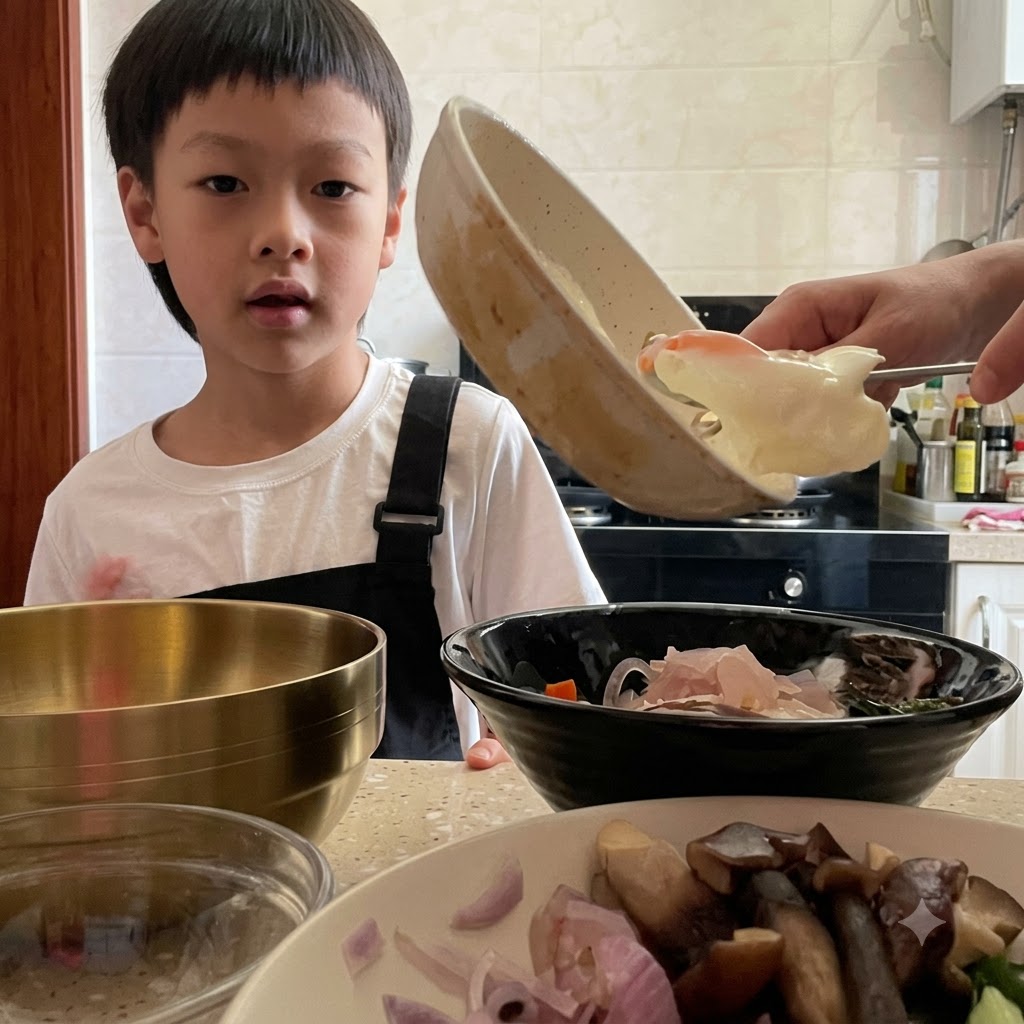 반숙 달걀프라이를 밥과 채소가 담긴 그릇 위로 미끄러뜨려 올리는 모습.