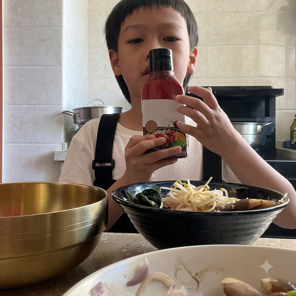 재료가 담긴 그릇 위로 한국식 비빔밥 소스 병을 들고 있는 손의 모습.