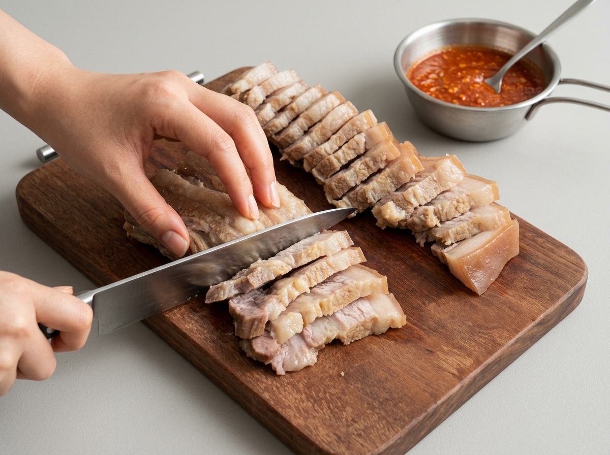 나무 도마 위에서 큰 칼을 이용해 익힌 삼겹살을 고르게 썰고 있는 모습.