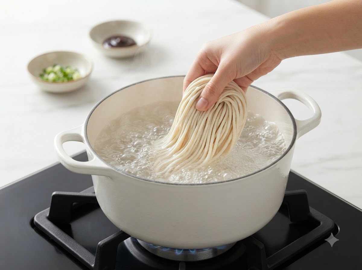 스토브 위 끓는 물 냄비에 신선한 굵은 수타면을 손으로 넣고 있는 모습.