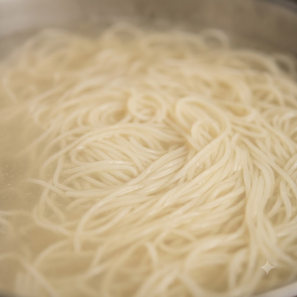 팔팔 끓는 커다란 냄비 속에서 삶아지는 생면.