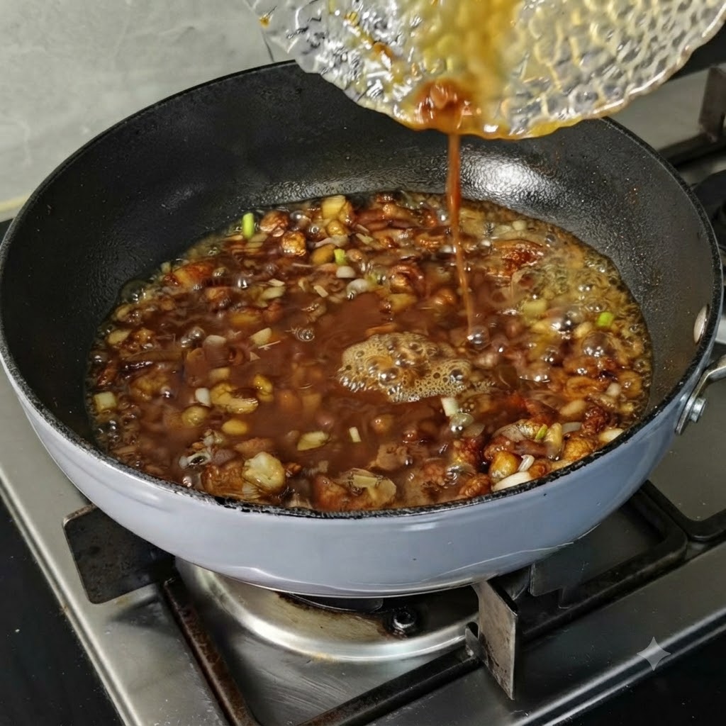 작은 투명 볼에 담긴 물을 보글거리는 고기 소스가 담긴 팬에 붓고 있는 모습.