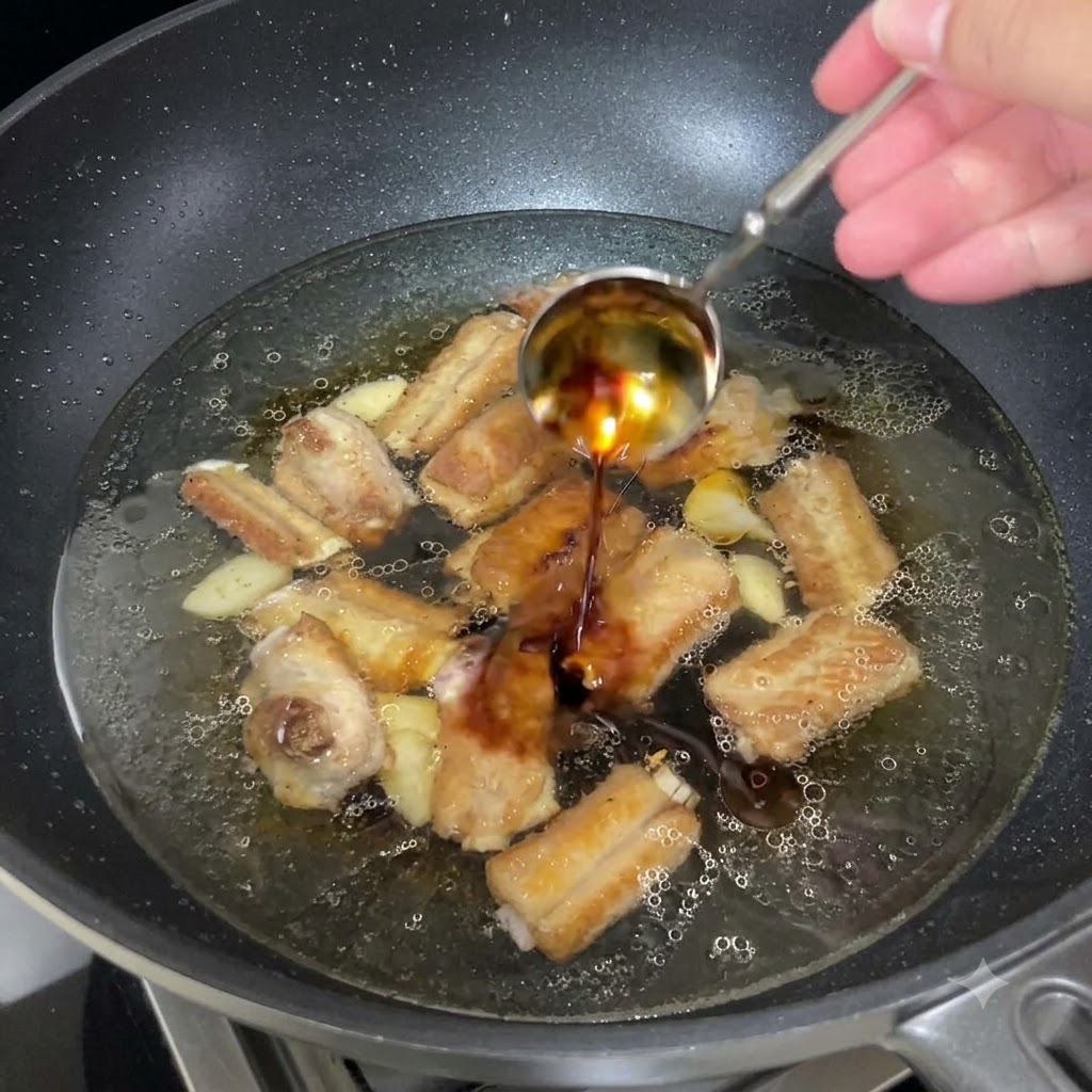 시머링 중인 팬에 진한 식초가 한 스푼 첨가되는 모습.