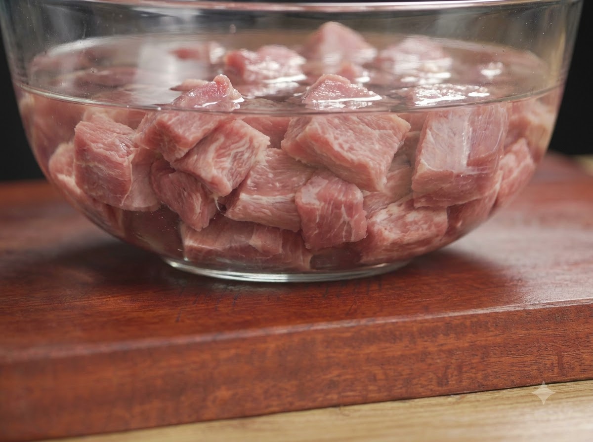 나무 도마 위 투명한 유리 그릇에 깨끗한 물과 함께 담겨 있는 신선한 돼지 갈비.