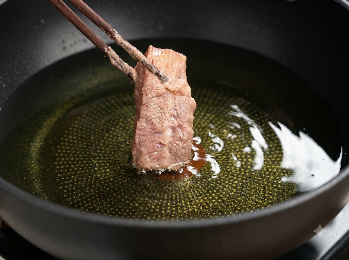 젓가락을 이용해 코팅된 돼지 갈비 조각을 뜨거운 기름 속으로 넣는 모습.