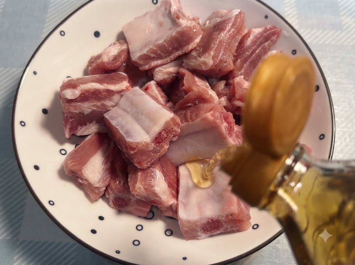 무늬가 있는 접시에 담긴 생 돼지 갈비 위에 병에서 맛술을 붓고 있는 모습.