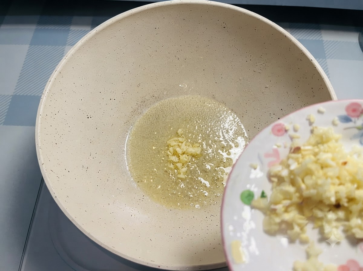 작은 접시에 담긴 다진 마늘이 팬에 녹은 버터 속으로 미끄러져 들어가는 모습.