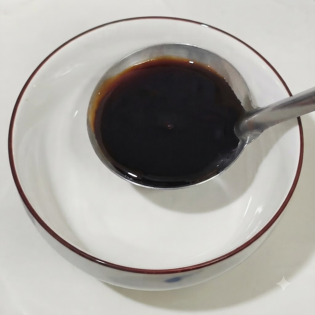 그릇에 진간장, 굴소스, 꿀, 맛술, 노두유, 토마토 케첩을 넣고 숟가락으로 섞는 모습