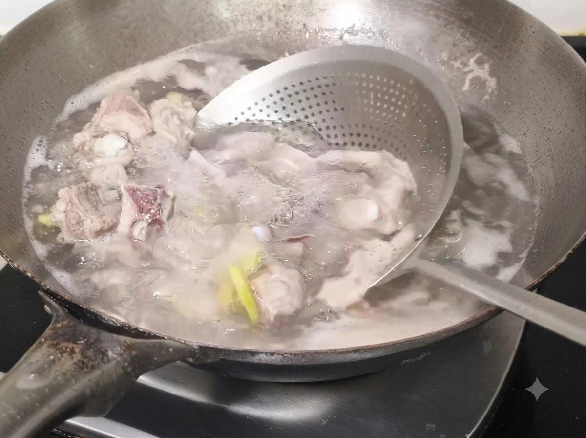 체에 받쳐 끓는 물에서 건져낸 데친 돼지갈비를 씻어내는 모습