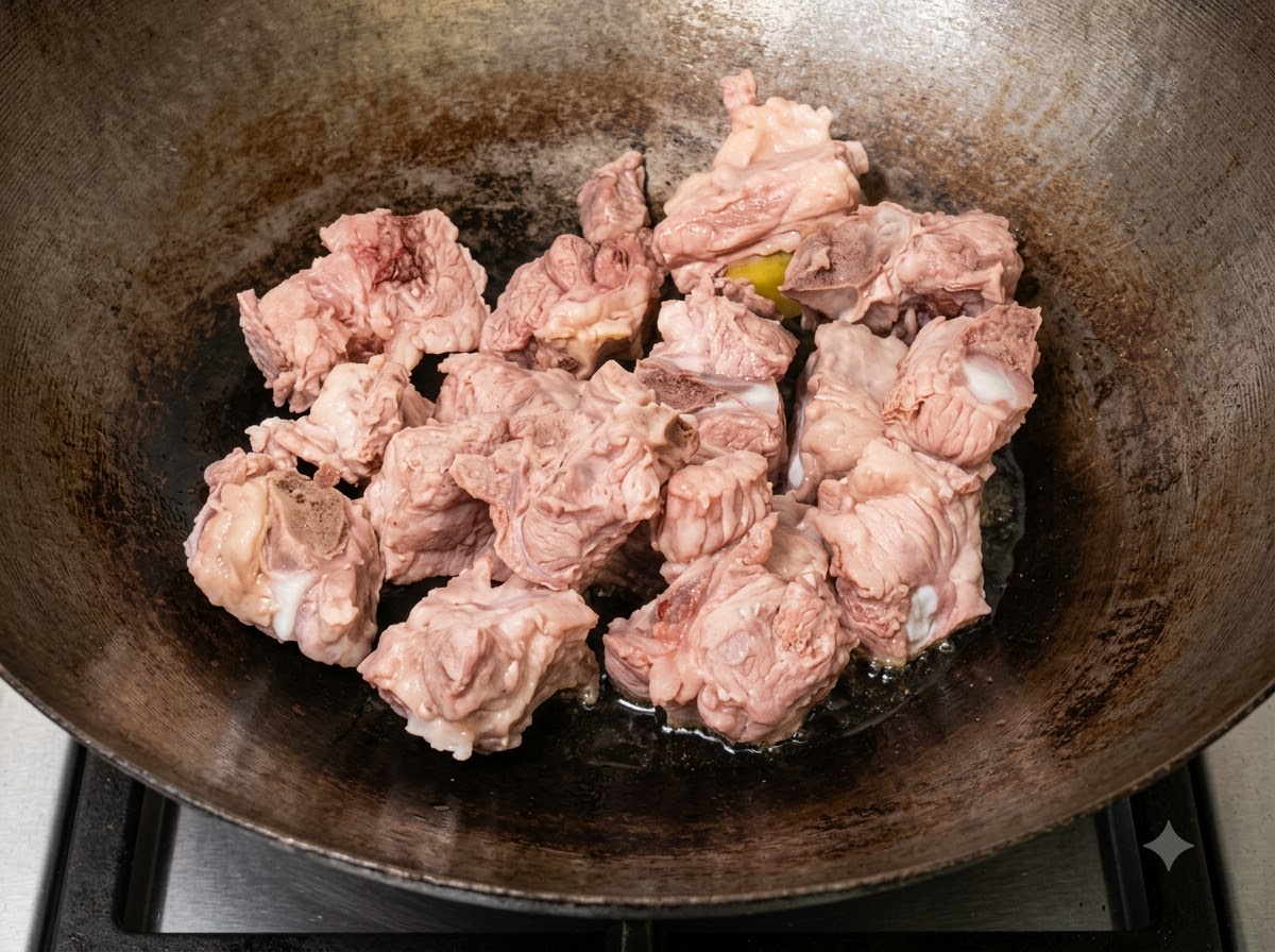 웍의 뜨거운 기름에 돼지갈비를 넣고 표면이 노릇해질 때까지 볶는 모습