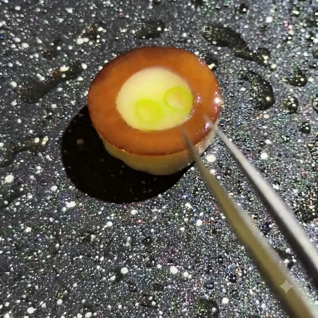 팬 안의 버섯 링 내부 달걀 액체 채움 위에 핀셋으로 녹색 쪽파 조각들을 세심하게 놓는 클로즈업 뷰.